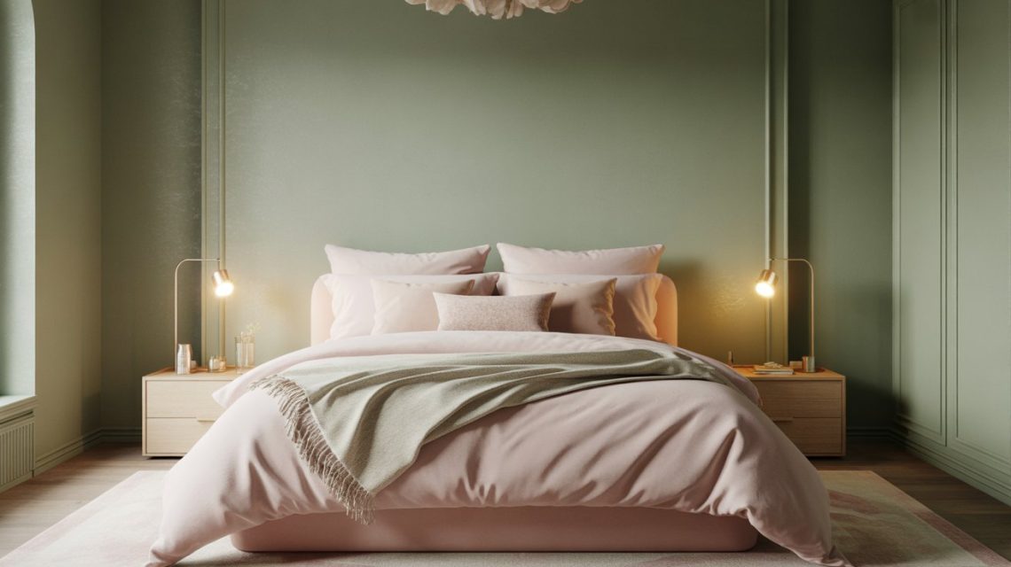 sage green and pink bedroom