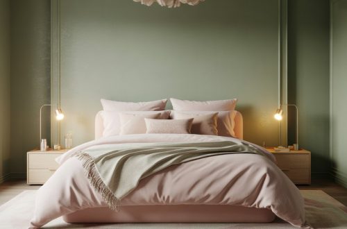 sage green and pink bedroom